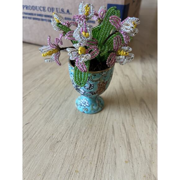 Vintage Handmade French Seed Beaded Flower Floral Bouquet Asian longevity Cup - Picture 10 of 13